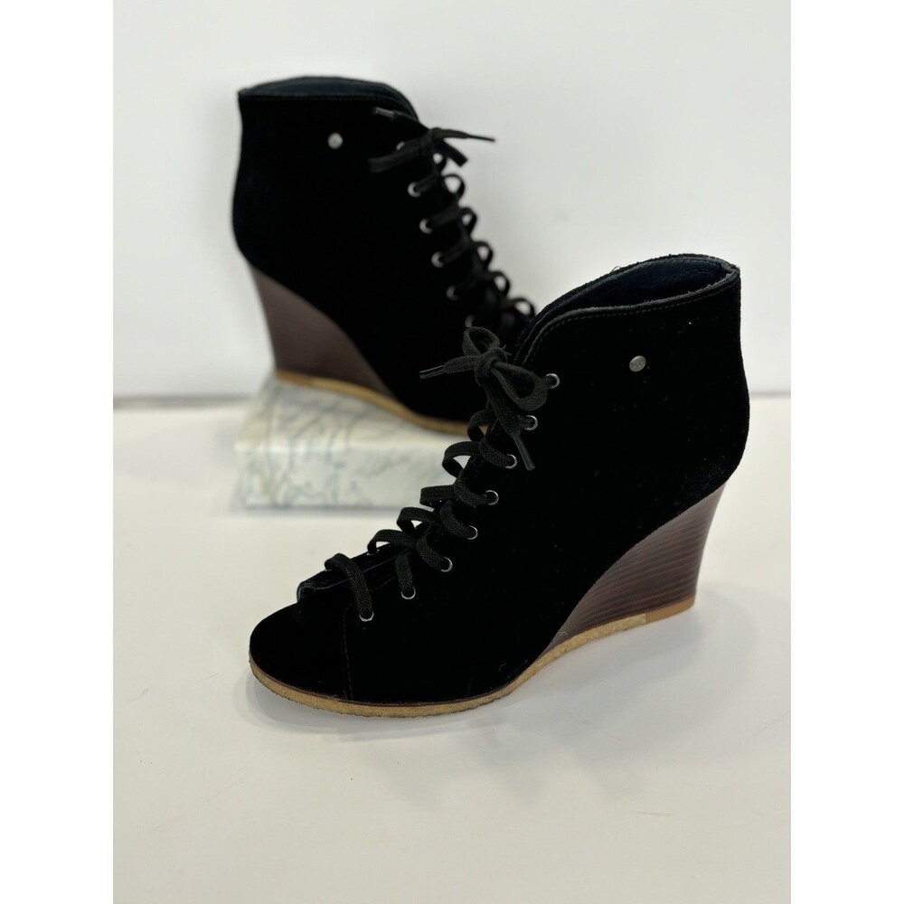 Ugg Womens Elyse Black Leather Open Toe Lace Up Wedge Booties Size 8.5